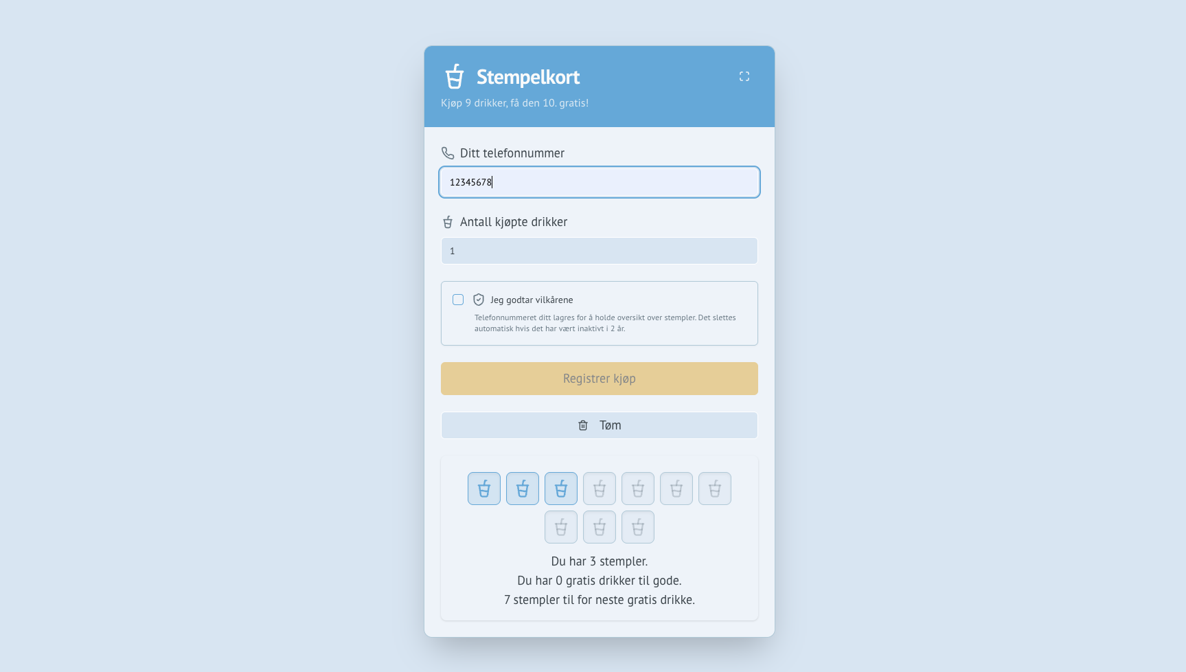 Stempelkort.no kiosk-visning for kunderegistrering